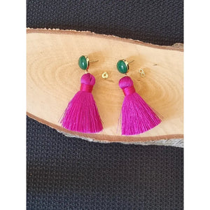 Tassel Earrings PINK with Green Jade, 925 Silver | 1 Pair