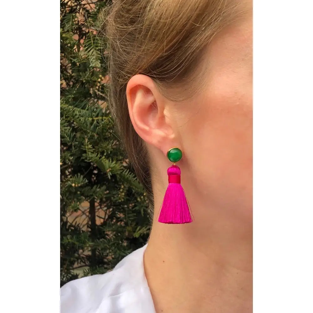 Tassel Earrings PINK with Green Jade, 925 Silver | 1 Pair