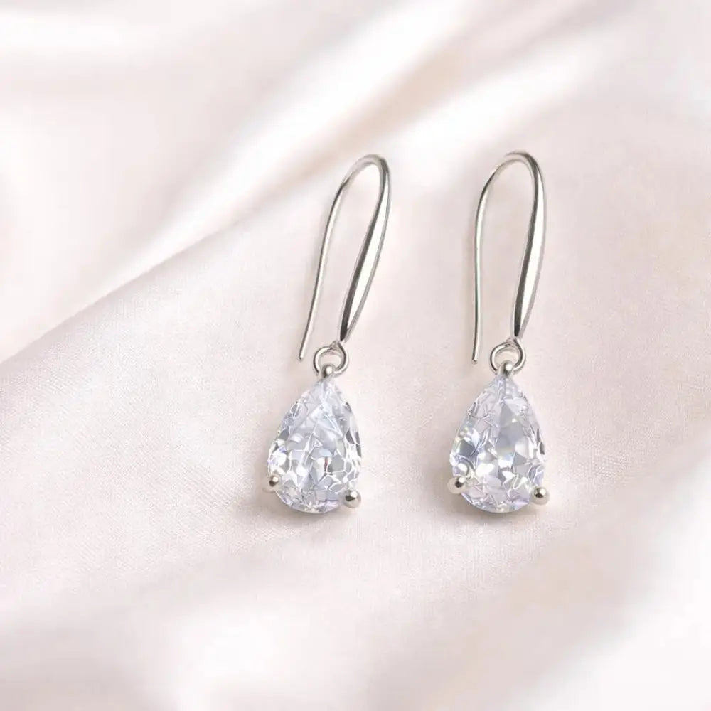 Teardrop Crystal Earrings: Sterling Silver Hooks, CZ Diamond Simulation