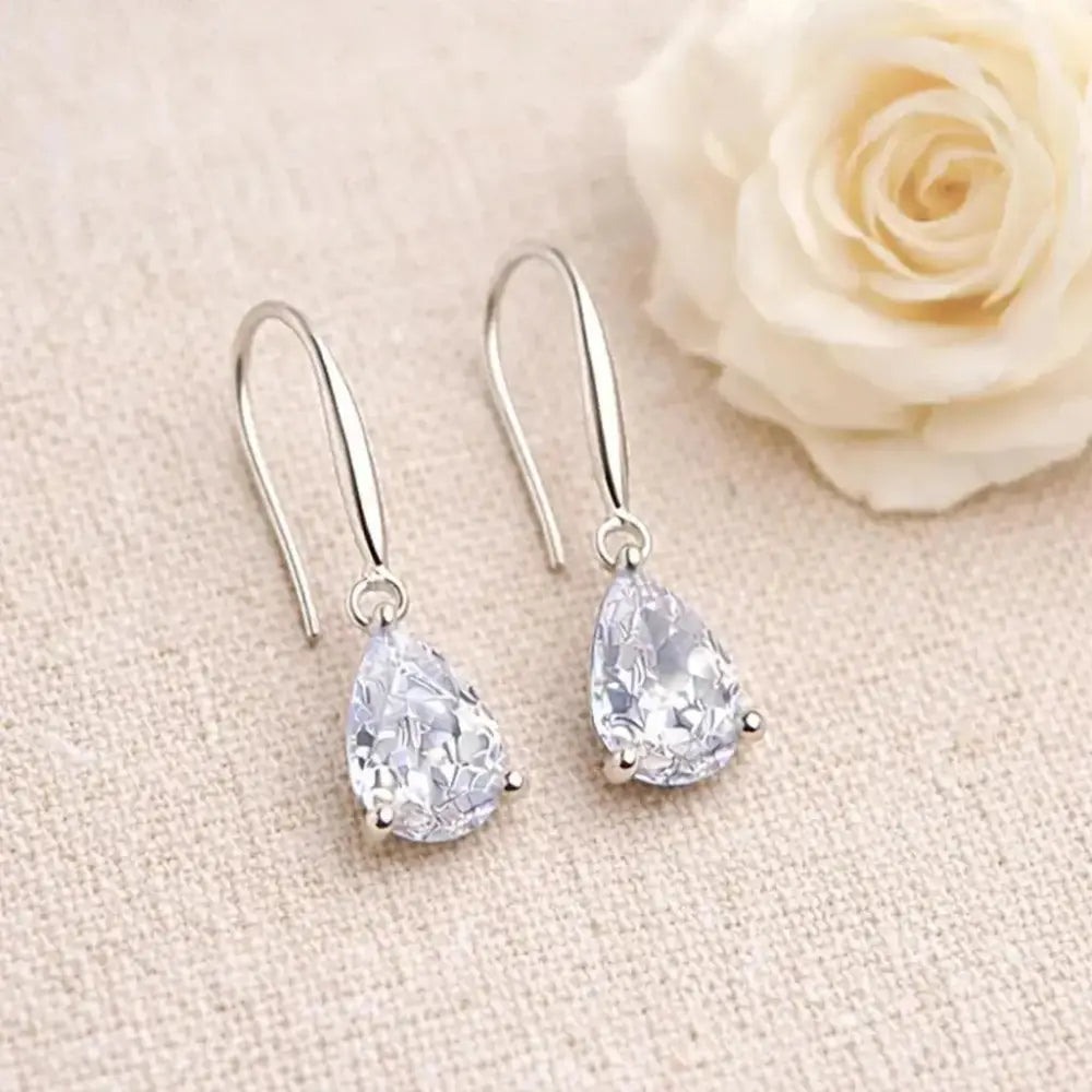 Teardrop Crystal Earrings: Sterling Silver Hooks, CZ Diamond Simulation