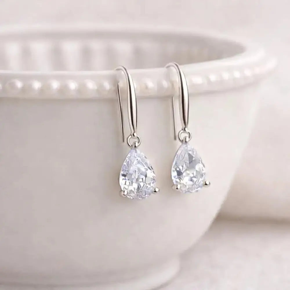Teardrop Crystal Earrings: Sterling Silver Hooks, CZ Diamond Simulation