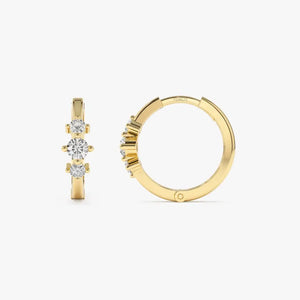 Tiny Hoop Earrings / 14K Solid Gold Three Stone Diamond Huggies / Diamond Gold Mini Hoops / Small Diamond Hoop Earrings Ferko'S Fine Jewelry