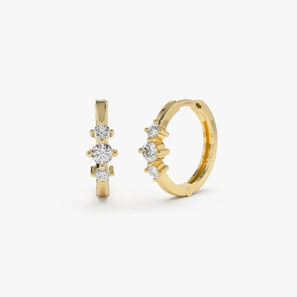 Tiny Hoop Earrings / 14K Solid Gold Three Stone Diamond Huggies / Diamond Gold Mini Hoops / Small Diamond Hoop Earrings Ferko'S Fine Jewelry