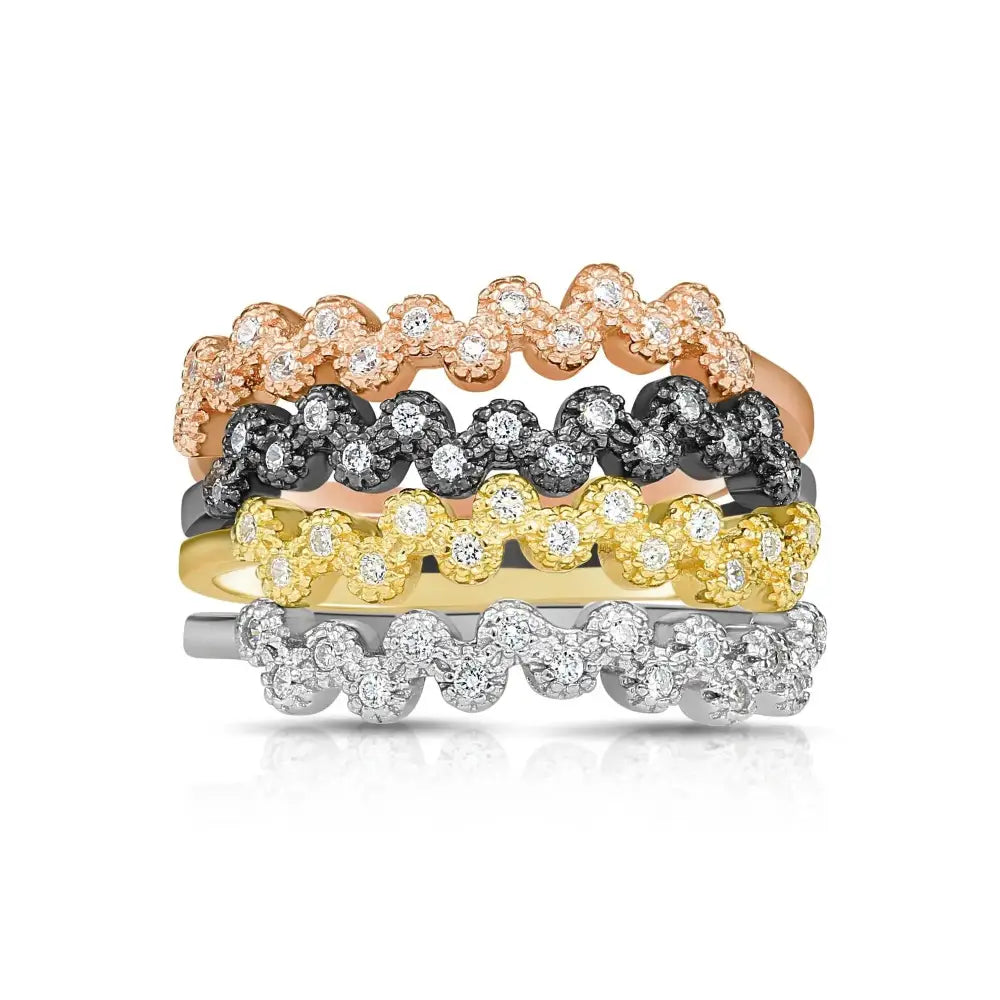 Trendy Sterling Silver Stackable Zig Zag Eternity Band Rings – Set of 4 for Everyday Glam and Special Occasions.