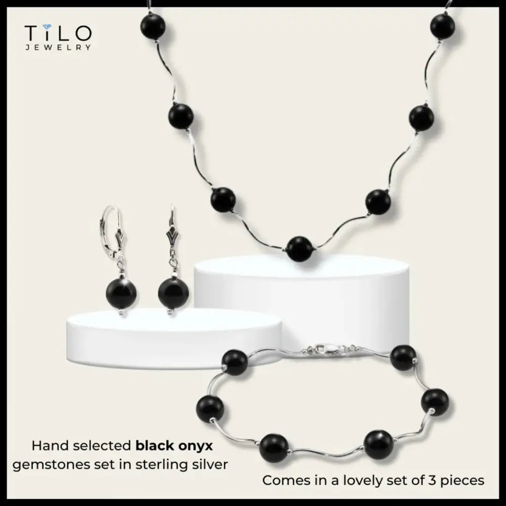 Unique Onyx Stone Set, 18 Inch Necklace 7.5 Inch Bracelet and Earrings in Sterling Silver