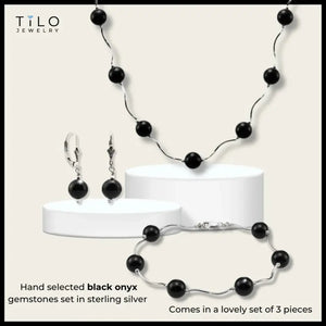 Unique Onyx Stone Set, 18 Inch Necklace 7.5 Inch Bracelet and Earrings in Sterling Silver