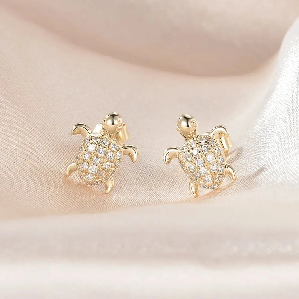 Unique Turtle Errings Natural Diamond Errings 14K Rose Gold Sea Turtle Animal Gold Errings Women Promise Anniversary Gift for Her per Pairs