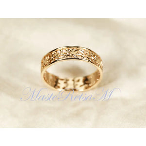 ZP160- Handmade Sterling Silver Openwork Pattern Floral Ring: 18K Gold Vermeil Vintage Band