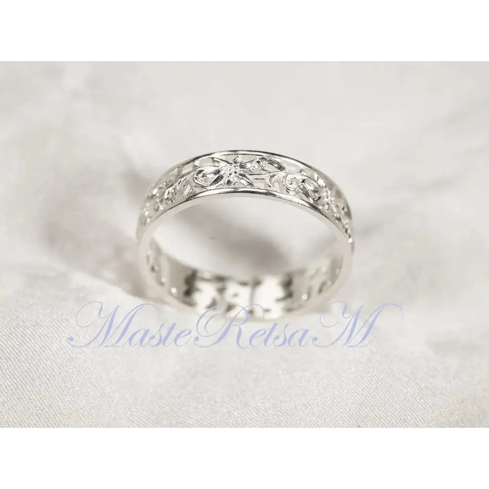 ZP160- Handmade Sterling Silver Openwork Pattern Floral Ring: 18K Gold Vermeil Vintage Band