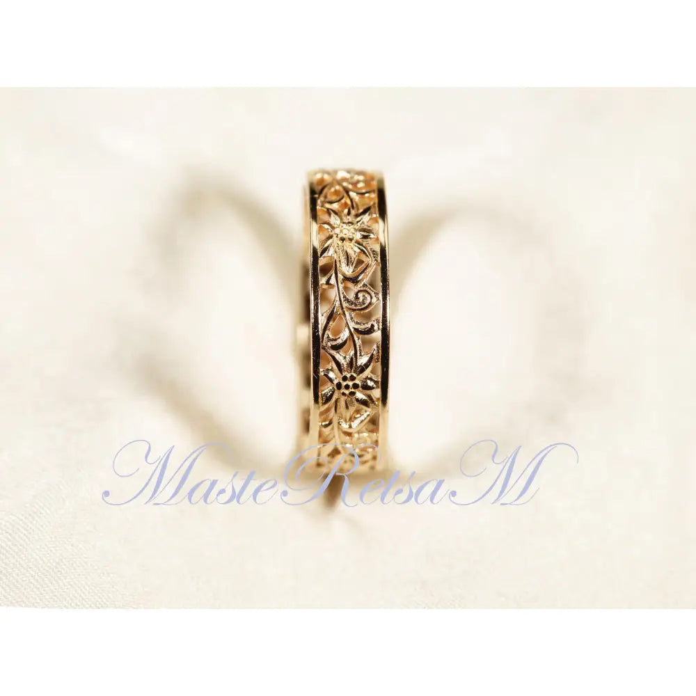 ZP160- Handmade Sterling Silver Openwork Pattern Floral Ring: 18K Gold Vermeil Vintage Band