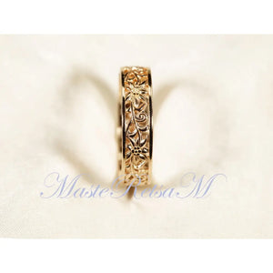 ZP160- Handmade Sterling Silver Openwork Pattern Floral Ring: 18K Gold Vermeil Vintage Band