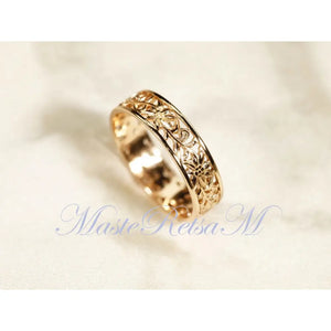 ZP160- Handmade Sterling Silver Openwork Pattern Floral Ring: 18K Gold Vermeil Vintage Band